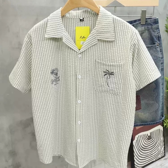 None Tops - Striped Camp Collar Palm Tree Shirt